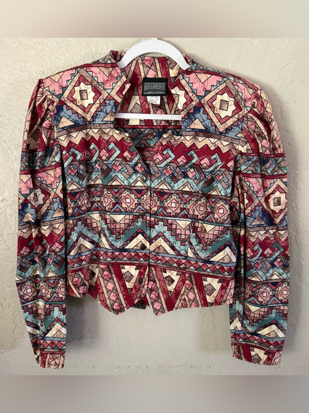 Roughrider Women's Aztec Print Button-Down Shirt Jacket - Burgundy, Teal & Cream